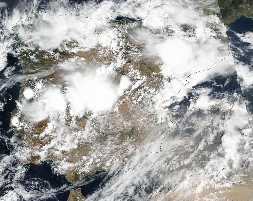 True-colour satellite image of the Iberian Peninsula and the Balearic Islands on 1 September 2021