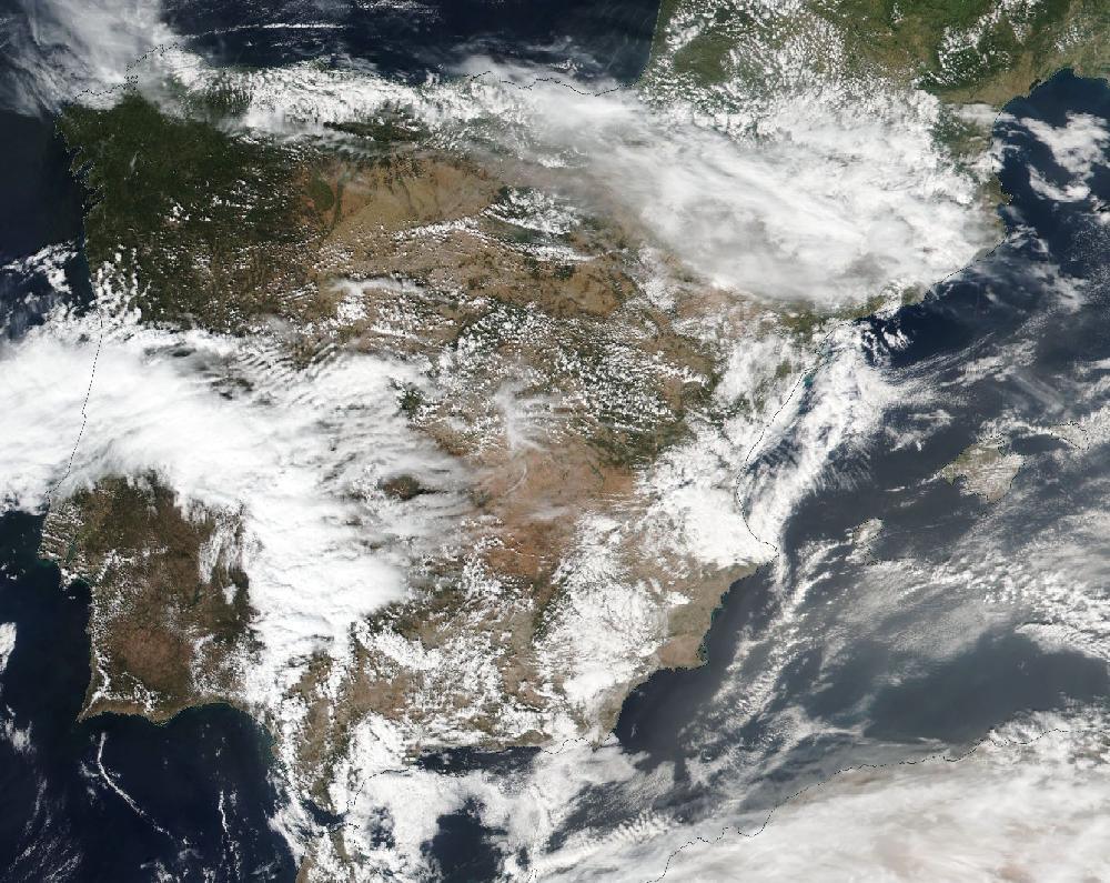 True-colour satellite image of the Iberian Peninsula and the Balearic Islands on 23 September 2021
