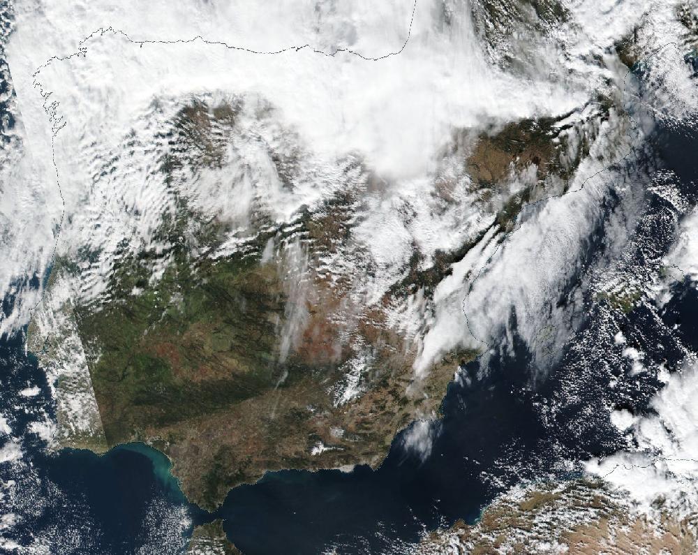 True-colour satellite image of the Iberian Peninsula and the Balearic Islands on 28 November 2021