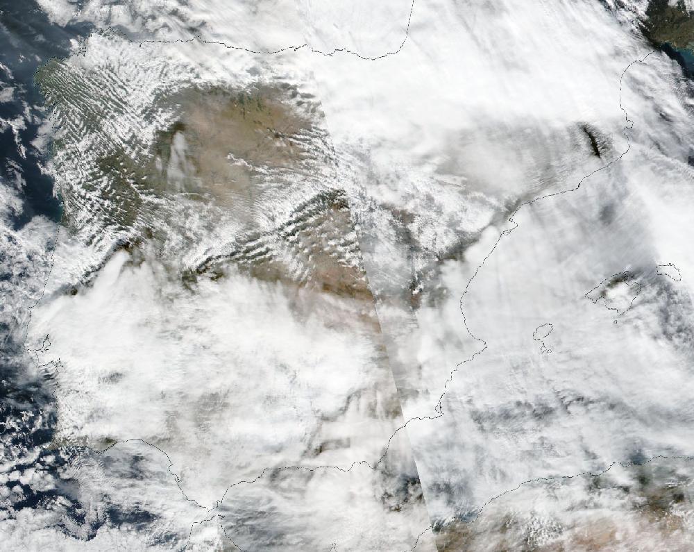 True-colour satellite image of the Iberian Peninsula and the Balearic Islands on 10 December 2021