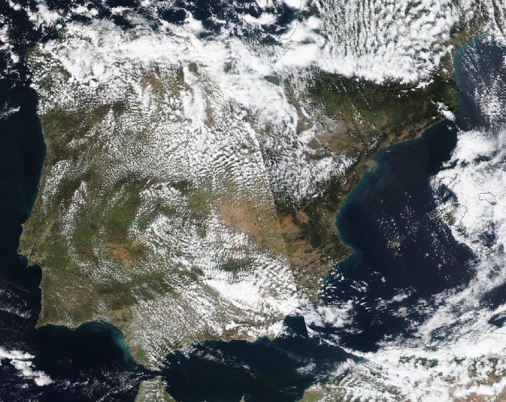 True-colour satellite image of the Iberian Peninsula and the Balearic Islands on 1 April 2022