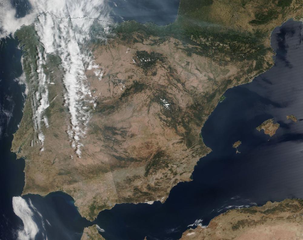 True-colour satellite image of the Iberian Peninsula and the Balearic Islands on 16 July 2022