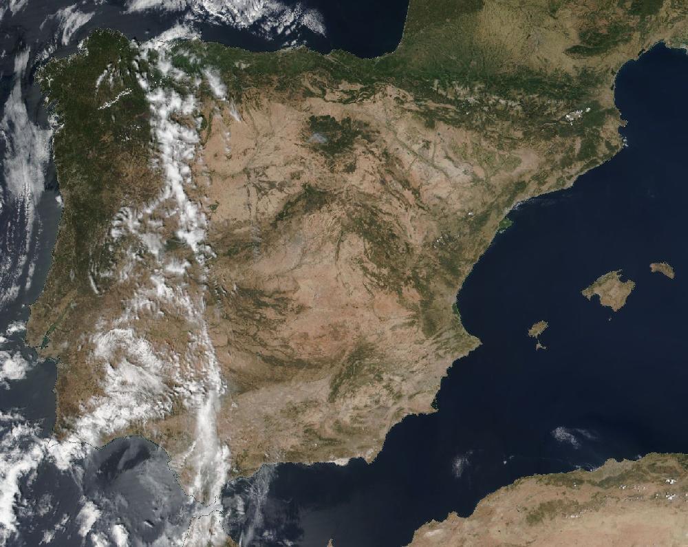 True-colour satellite image of the Iberian Peninsula and the Balearic Islands on 24 July 2022