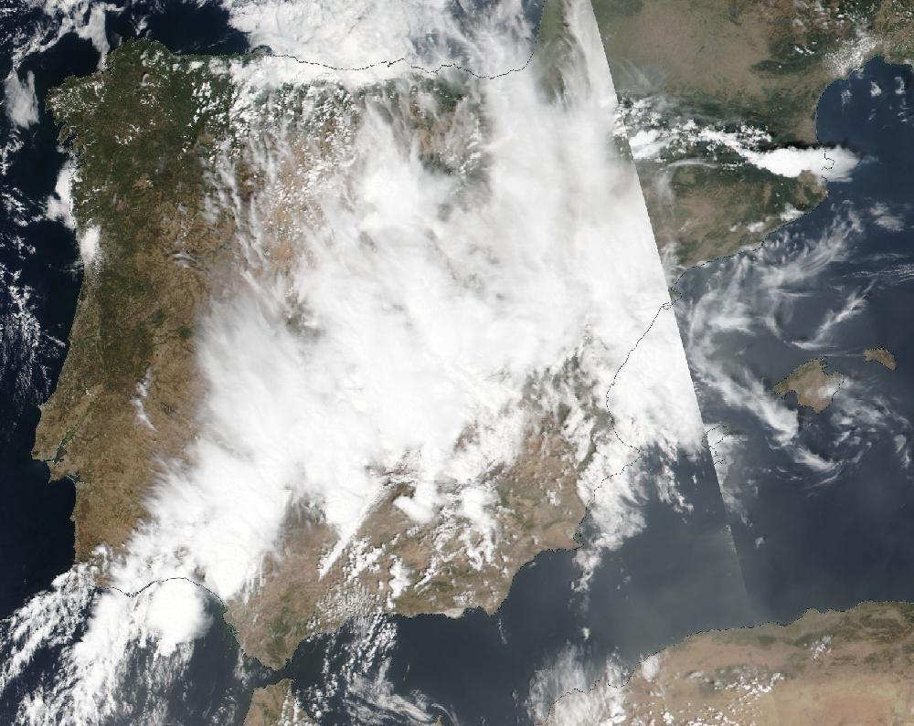 True-colour satellite image of the Iberian Peninsula and the Balearic Islands on 13 August 2022