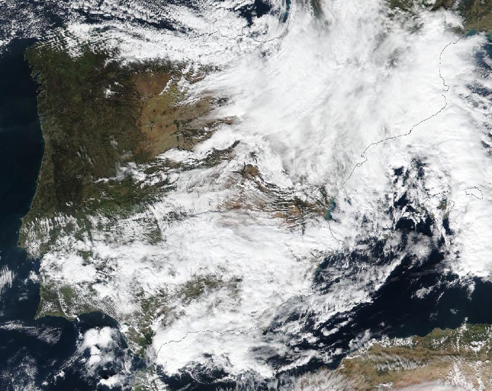 True-colour satellite image of the Iberian Peninsula and the Balearic Islands on 7 February 2023