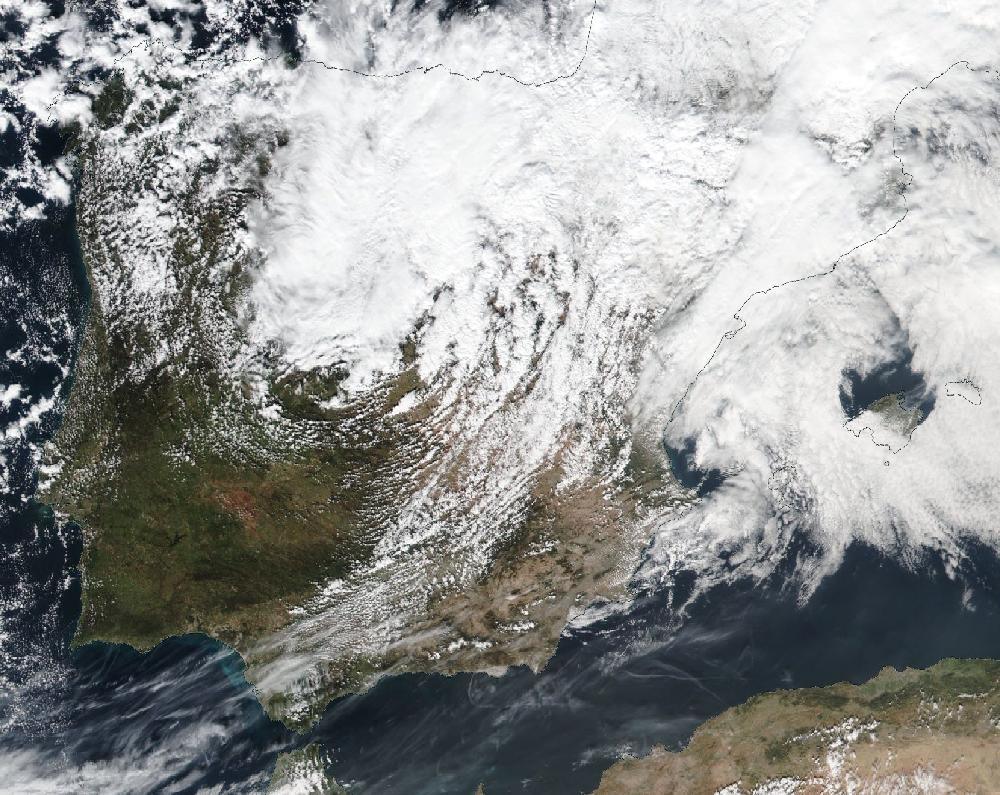True-colour satellite image of the Iberian Peninsula and the Balearic Islands on 23 February 2023