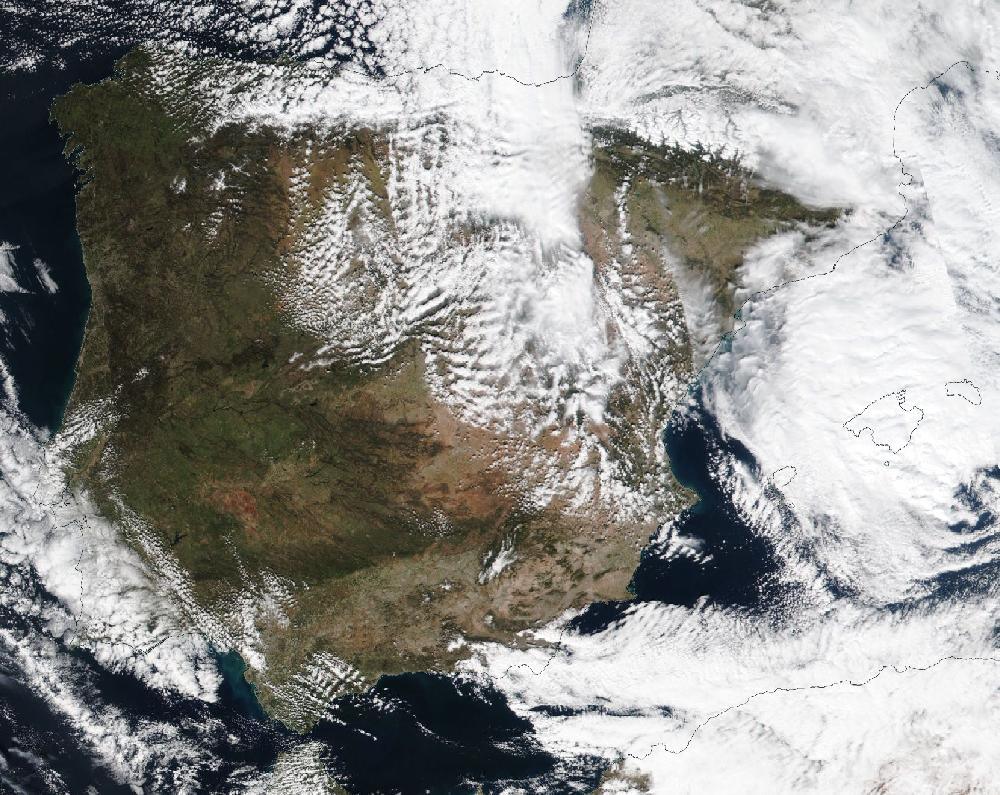 True-colour satellite image of the Iberian Peninsula and the Balearic Islands on 27 February 2023
