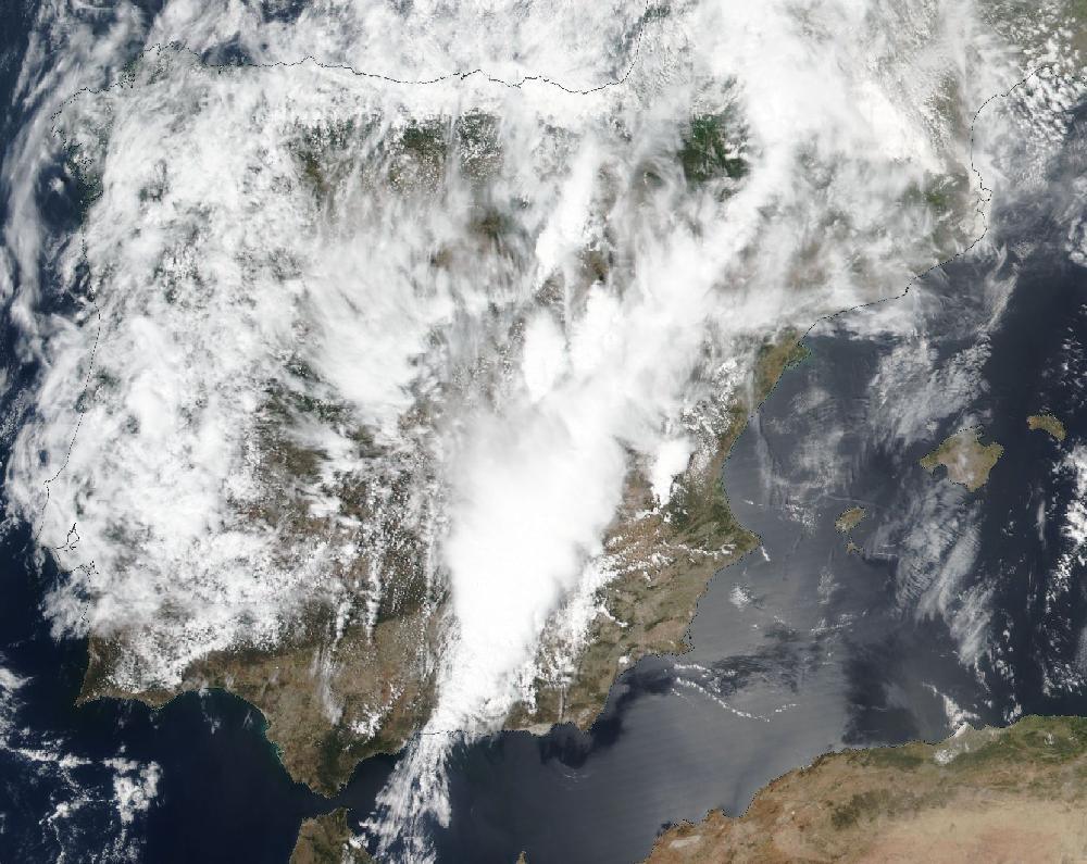 True-colour satellite image of the Iberian Peninsula and the Balearic Islands on 21 June 2023