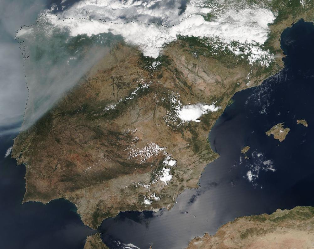 True-colour satellite image of the Iberian Peninsula and the Balearic Islands on 26 June 2023