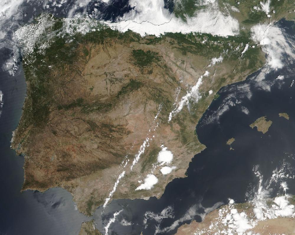 True-colour satellite image of the Iberian Peninsula and the Balearic Islands on 11 July 2023