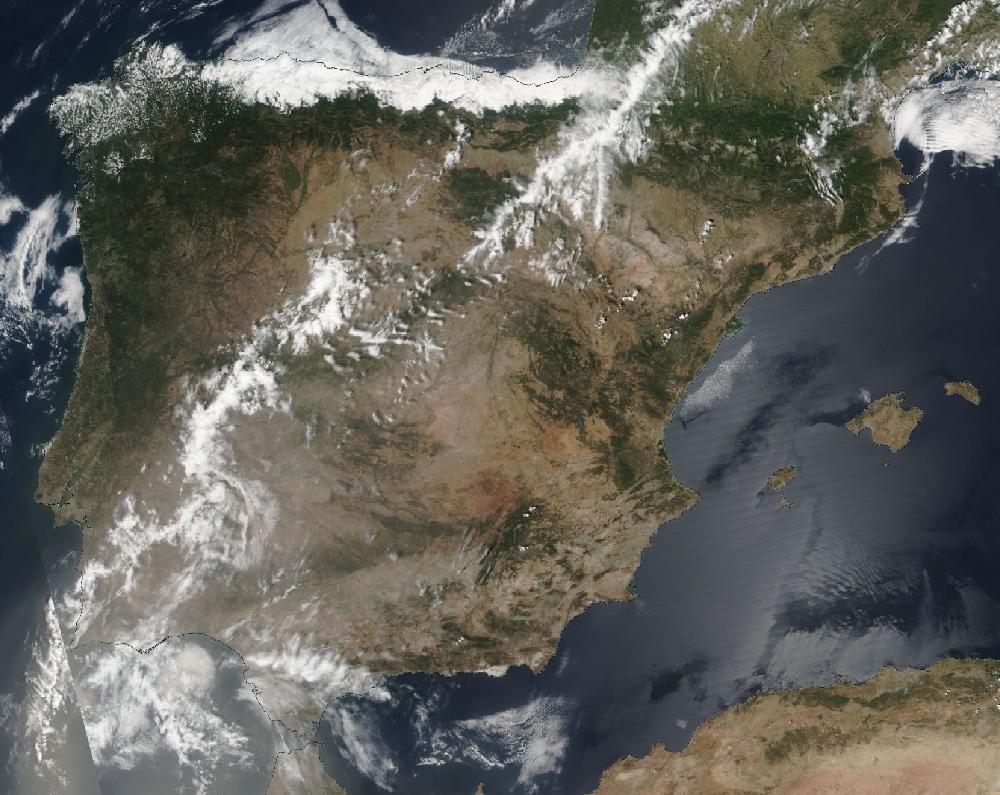 True-colour satellite image of the Iberian Peninsula and the Balearic Islands on 18 July 2023