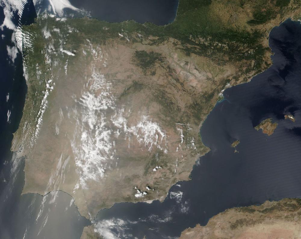 True-colour satellite image of the Iberian Peninsula and the Balearic Islands on 9 August 2023