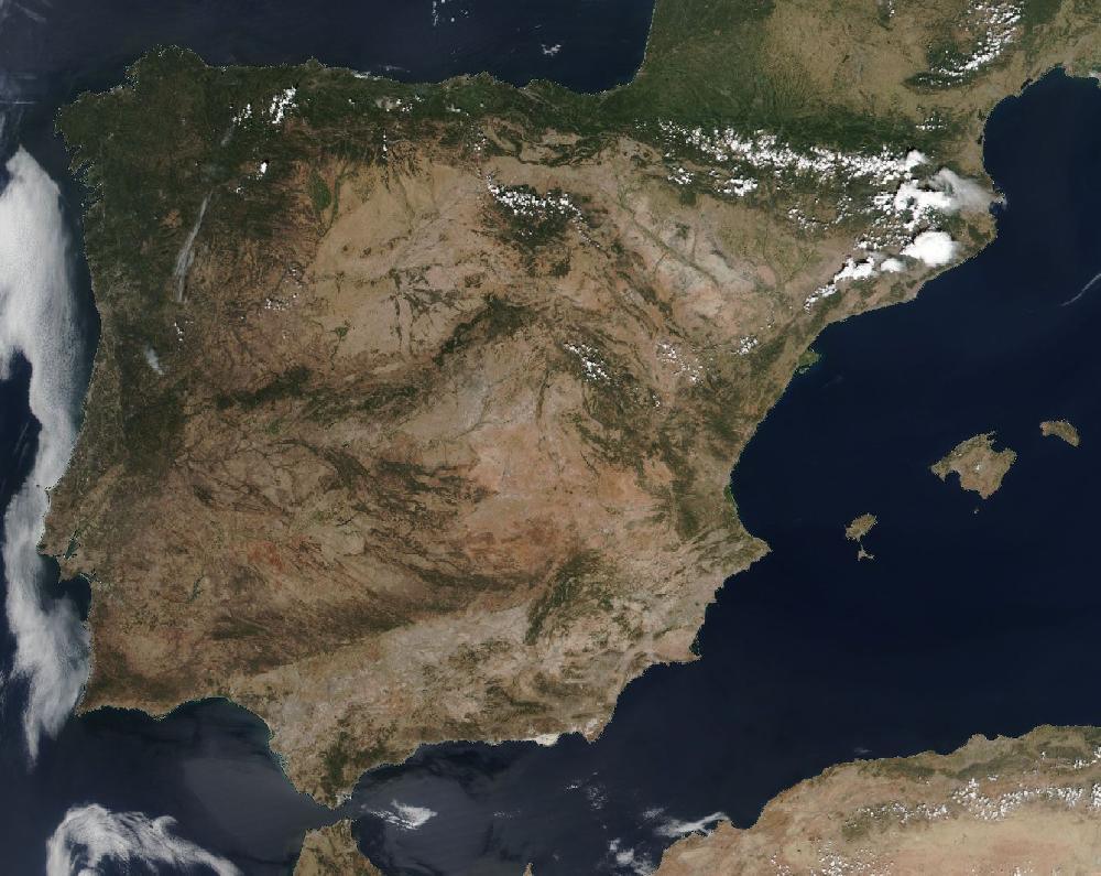 True-colour satellite image of the Iberian Peninsula and the Balearic Islands on 23 August 2023