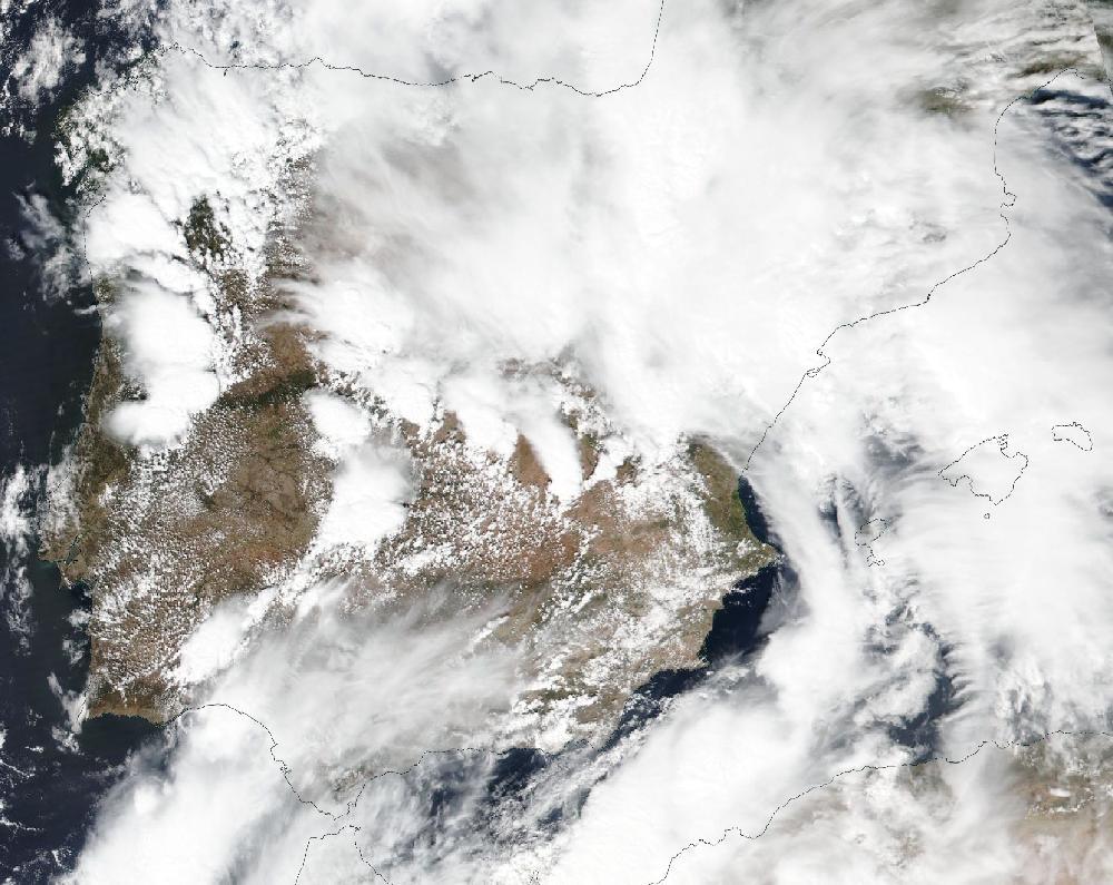 True-colour satellite image of the Iberian Peninsula and the Balearic Islands on 2 September 2023