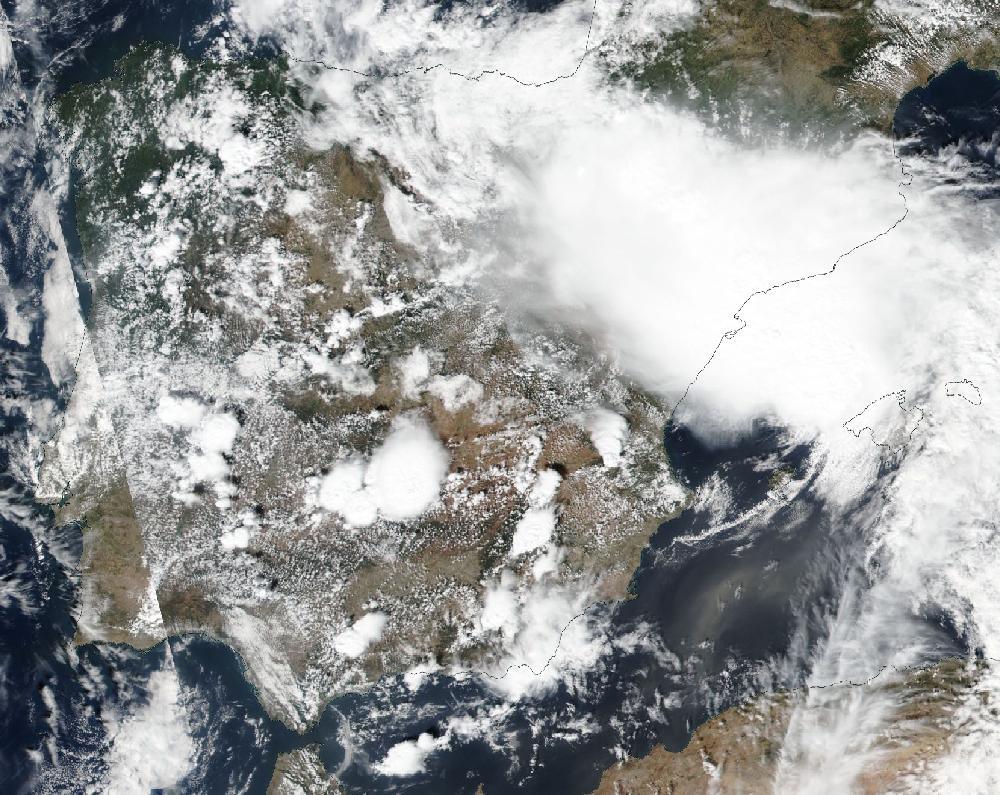 True-colour satellite image of the Iberian Peninsula and the Balearic Islands on 15 September 2023