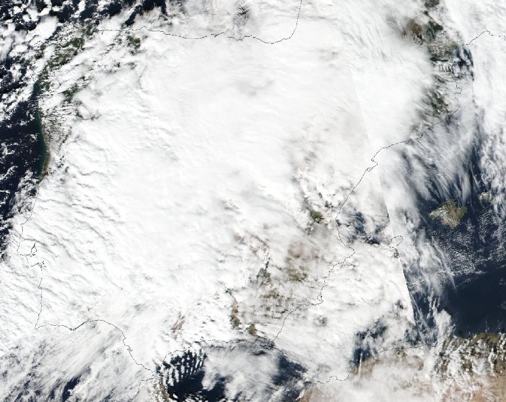 True-colour satellite image of the Iberian Peninsula and the Balearic Islands on 19 October 2023