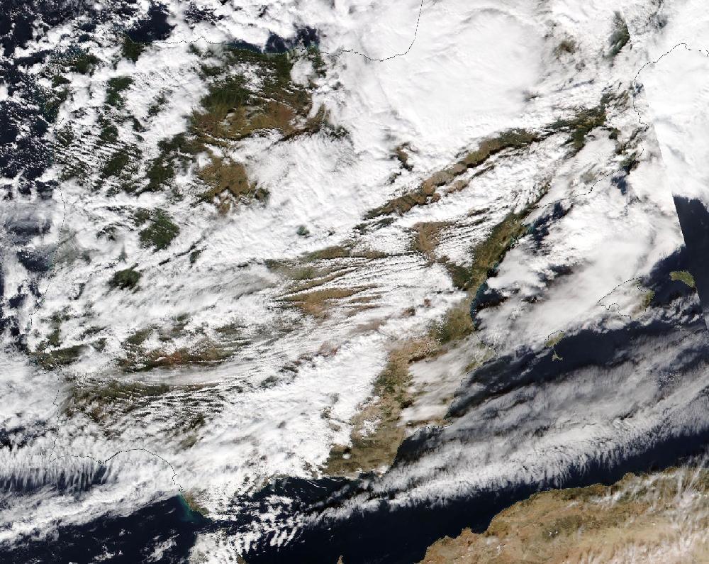 True-colour satellite image of the Iberian Peninsula and the Balearic Islands on 2 November 2023