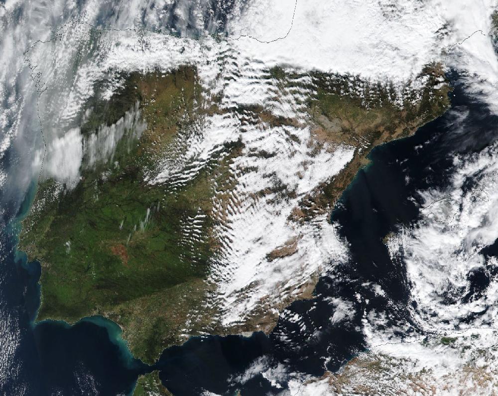 True-colour satellite image of the Iberian Peninsula and the Balearic Islands on 27 February 2024