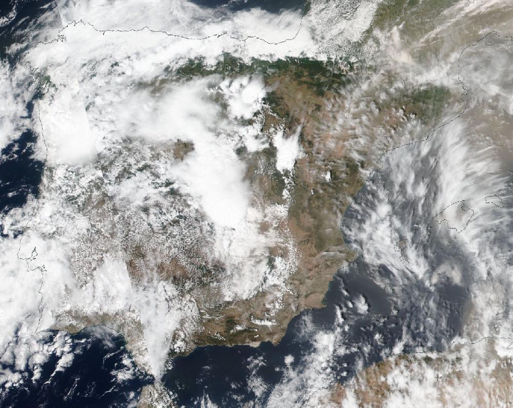 True-colour satellite image of the Iberian Peninsula and the Balearic Islands on 8 June 2024