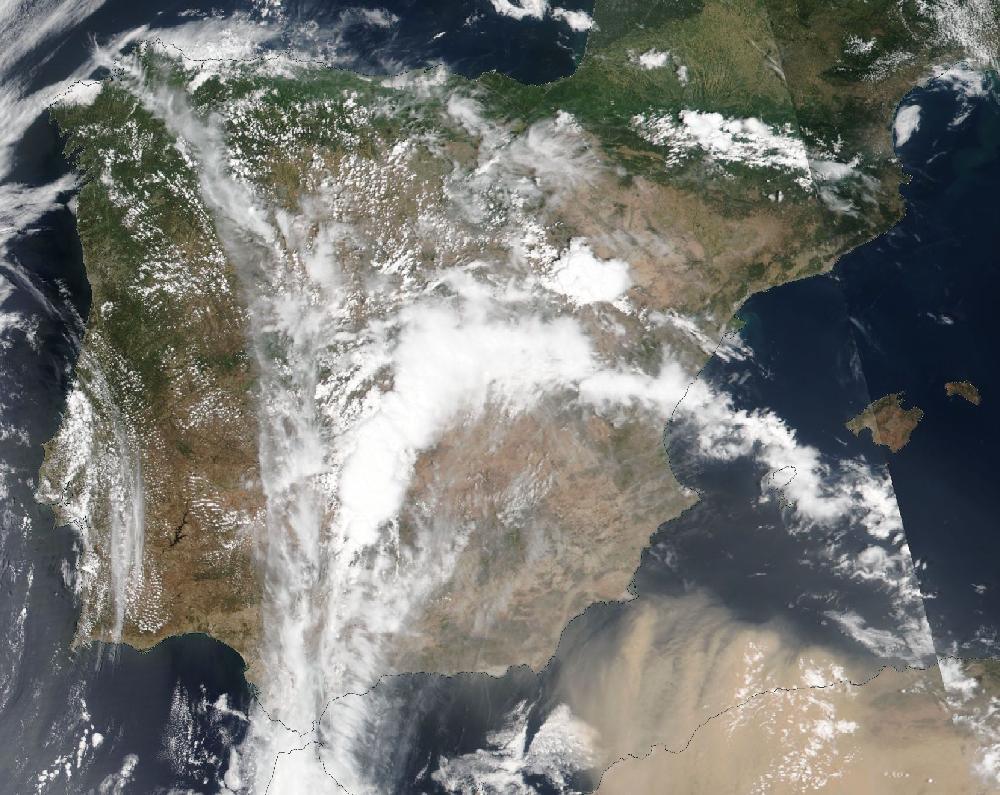 True-colour satellite image of the Iberian Peninsula and the Balearic Islands on 26 June 2024