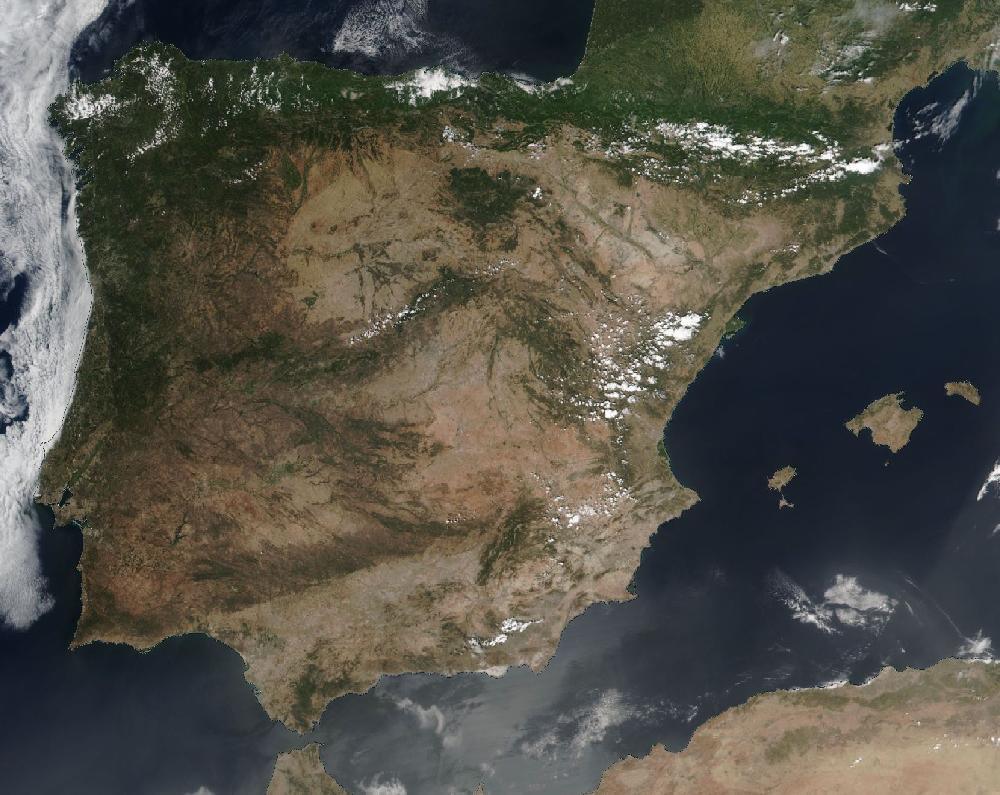 True-colour satellite image of the Iberian Peninsula and the Balearic Islands on 19 July 2024