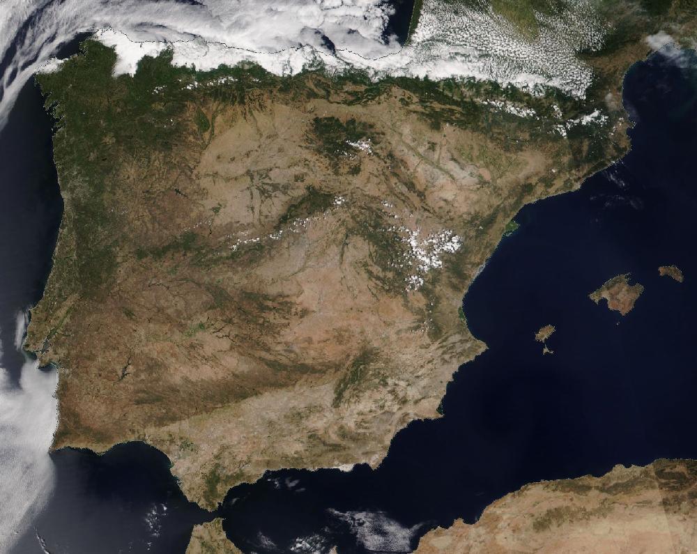 True-colour satellite image of the Iberian Peninsula and the Balearic Islands on 24 July 2024
