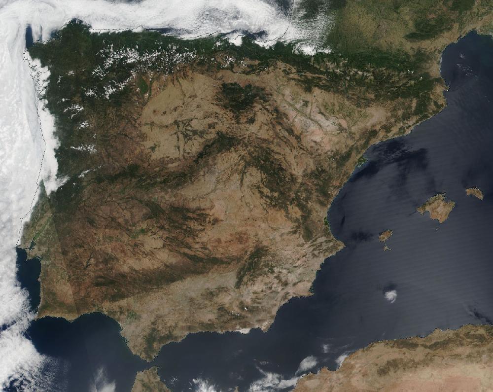 True-colour satellite image of the Iberian Peninsula and the Balearic Islands on 31 July 2024