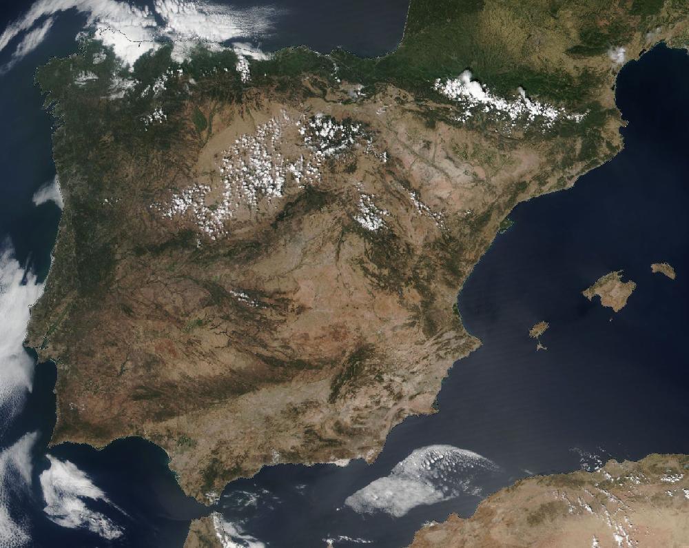 True-colour satellite image of the Iberian Peninsula and the Balearic Islands on 10 August 2024