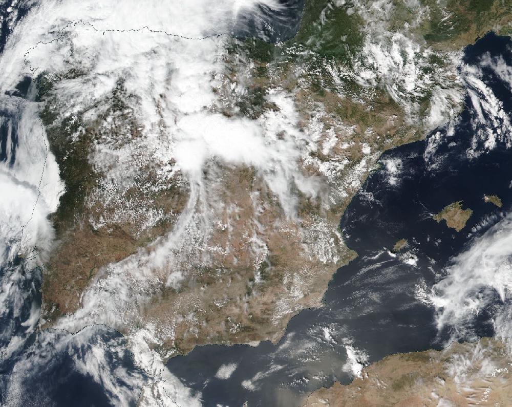 True-colour satellite image of the Iberian Peninsula and the Balearic Islands on 31 August 2024