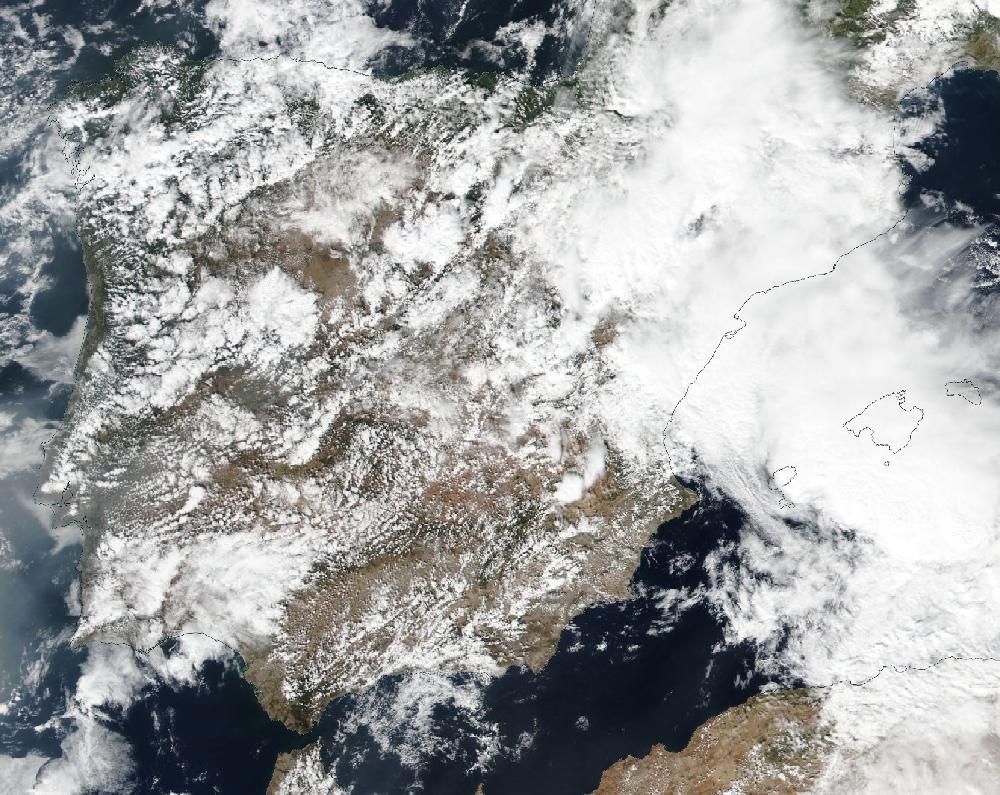 True-colour satellite image of the Iberian Peninsula and the Balearic Islands on 21 September 2024