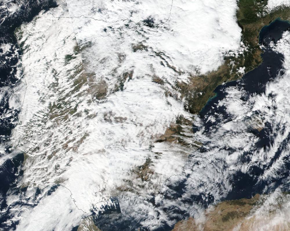 True-colour satellite image of the Iberian Peninsula and the Balearic Islands on 9 October 2024