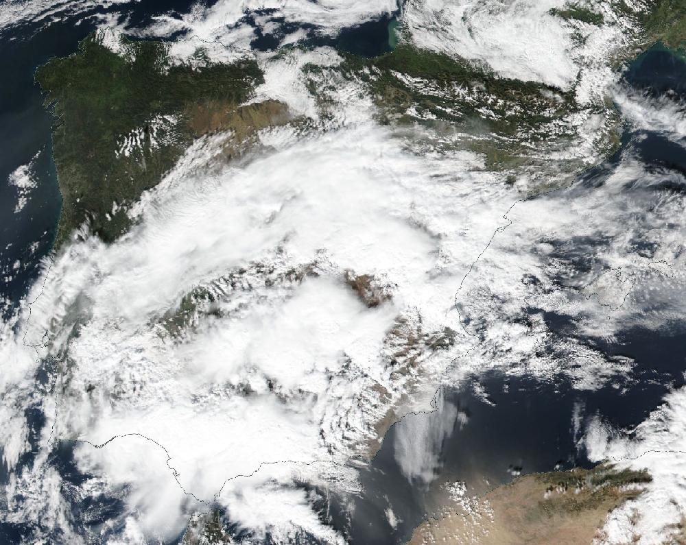 True-colour satellite image of the Iberian Peninsula and the Balearic Islands on 29 October 2024