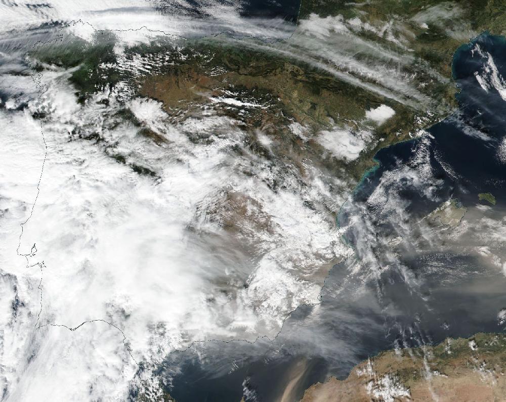 True-colour satellite image of the Iberian Peninsula and the Balearic Islands on 14 November 2024