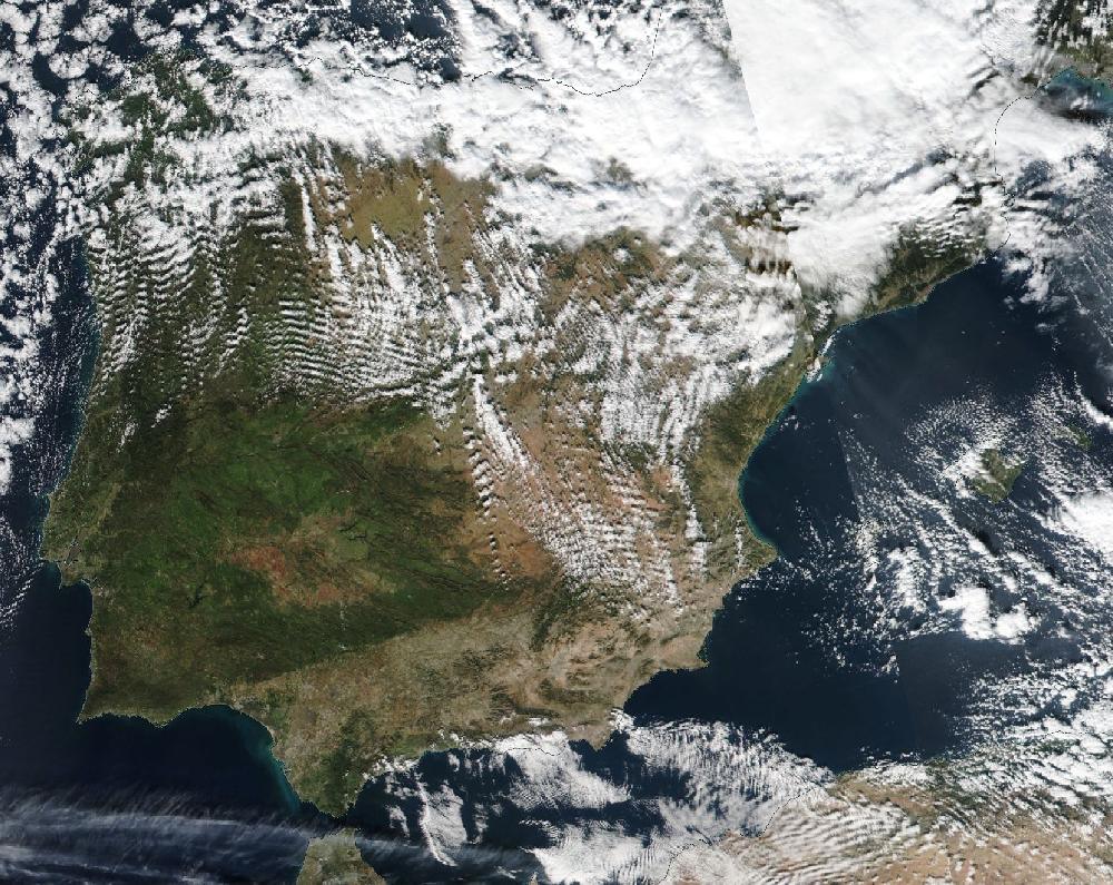 True-colour satellite image of the Iberian Peninsula and the Balearic Islands on 8 December 2024