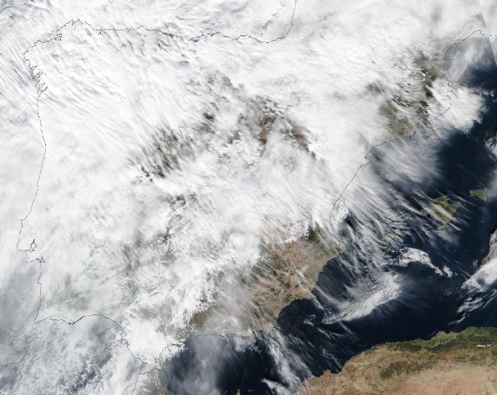 True-colour satellite image of the Iberian Peninsula and the Balearic Islands on 26 January 2025