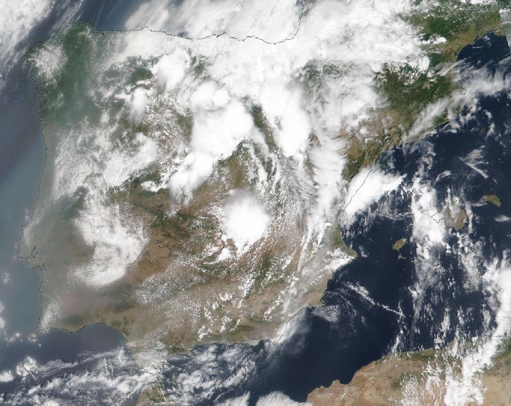 True-colour satellite image of the Iberian Peninsula and the Balearic Islands on 3 June 2025
