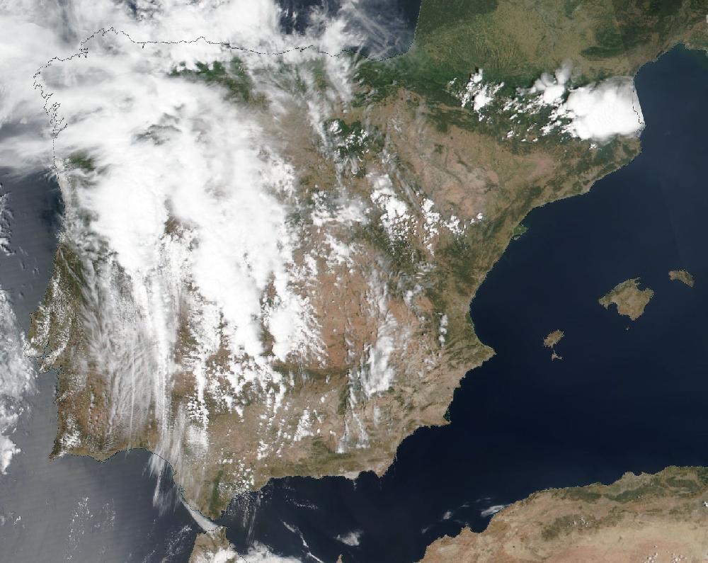 True-colour satellite image of the Iberian Peninsula and the Balearic Islands on 24 June 2025