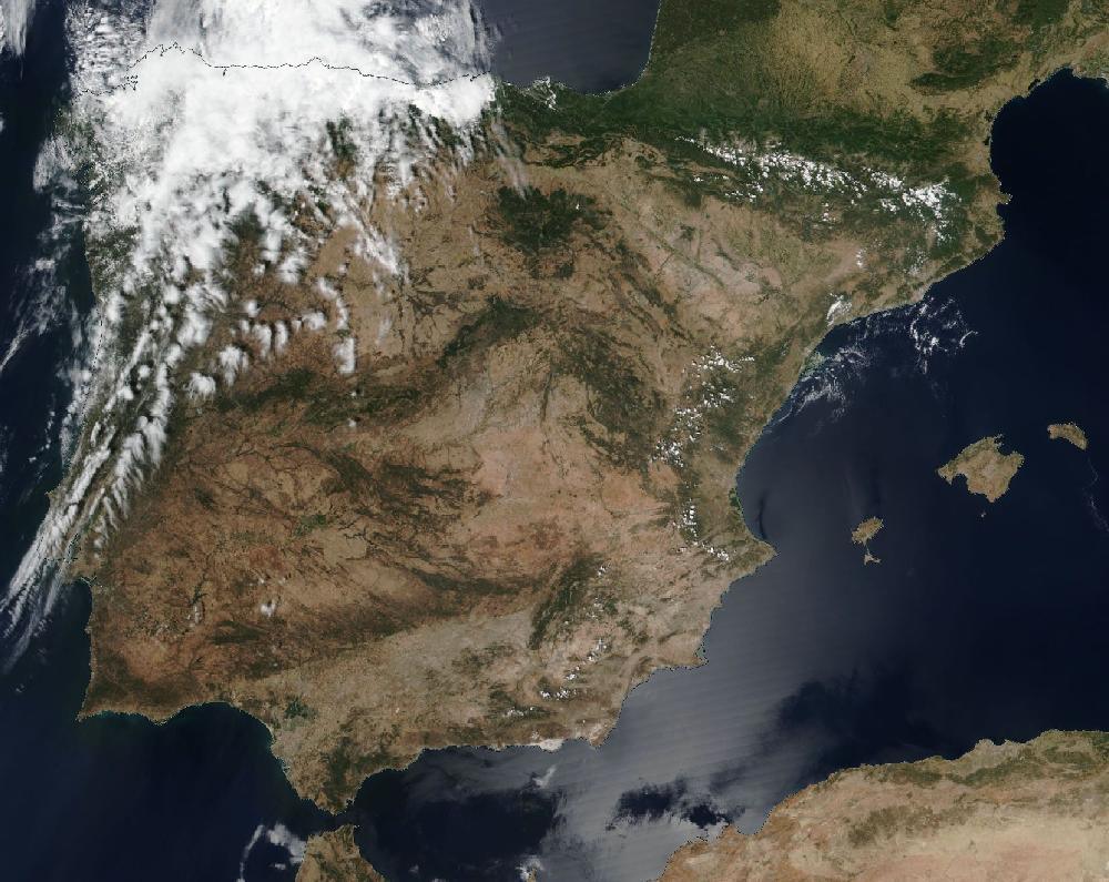 True-colour satellite image of the Iberian Peninsula and the Balearic Islands on 17 July 2025