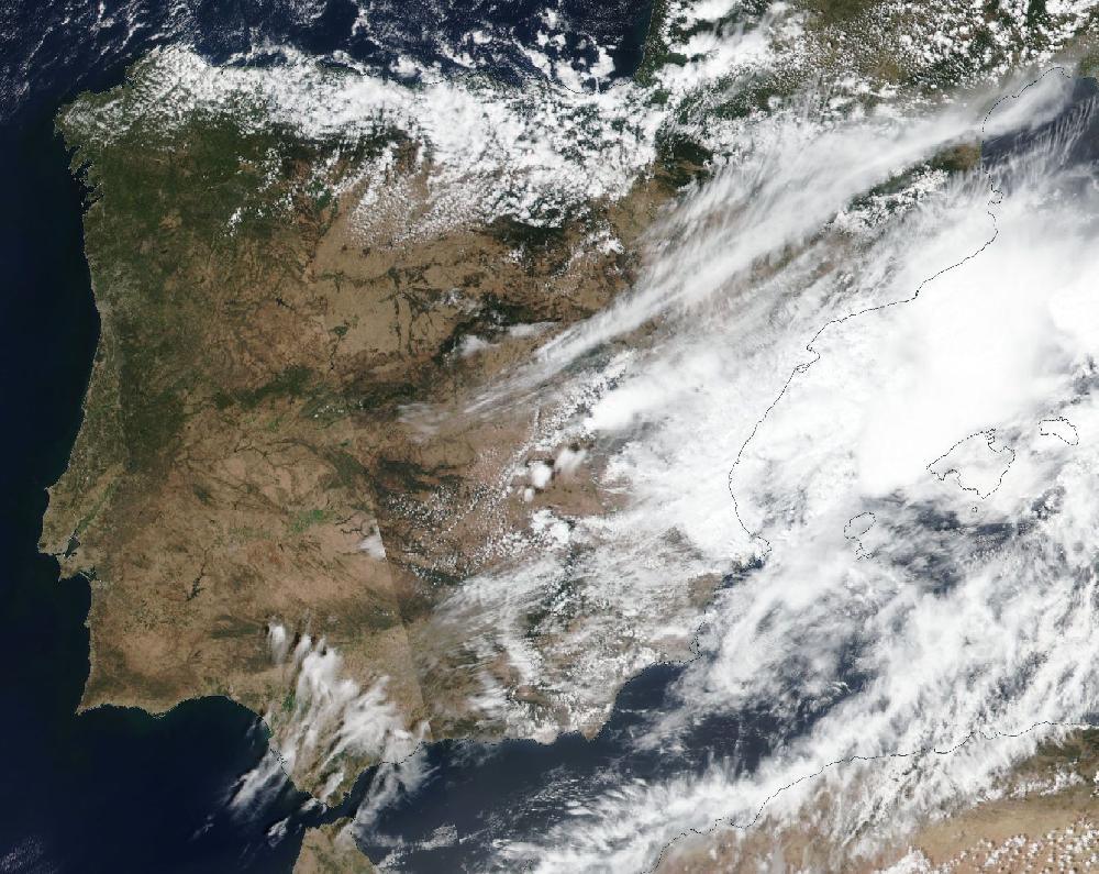True-colour satellite image of the Iberian Peninsula and the Balearic Islands on 24 July 2025