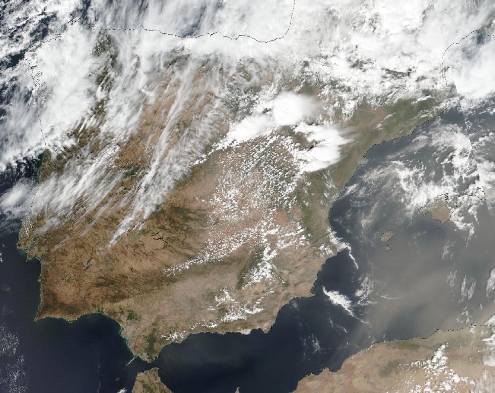 True-colour satellite image of the Iberian Peninsula and the Balearic Islands on 27 August 2025