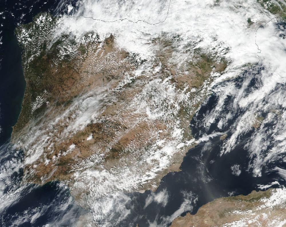 True-colour satellite image of the Iberian Peninsula and the Balearic Islands on 8 September 2025