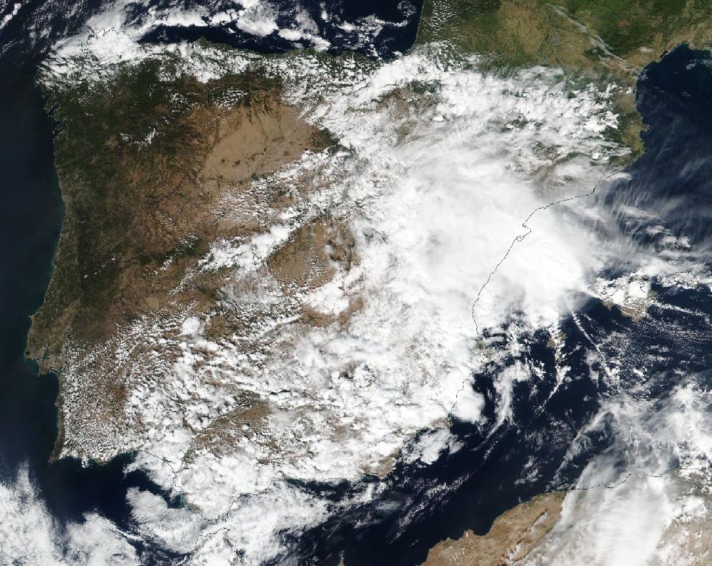 True-colour satellite image of the Iberian Peninsula and the Balearic Islands on 29 September 2025