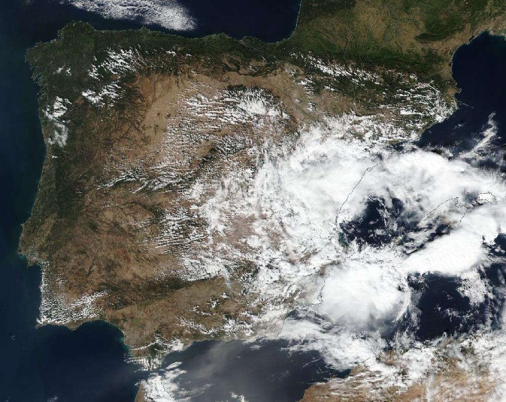 True-colour satellite image of the Iberian Peninsula and the Balearic Islands on 11 October 2025