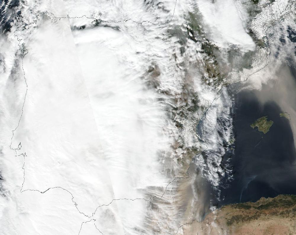 True-colour satellite image of the Iberian Peninsula and the Balearic Islands on 13 November 2025