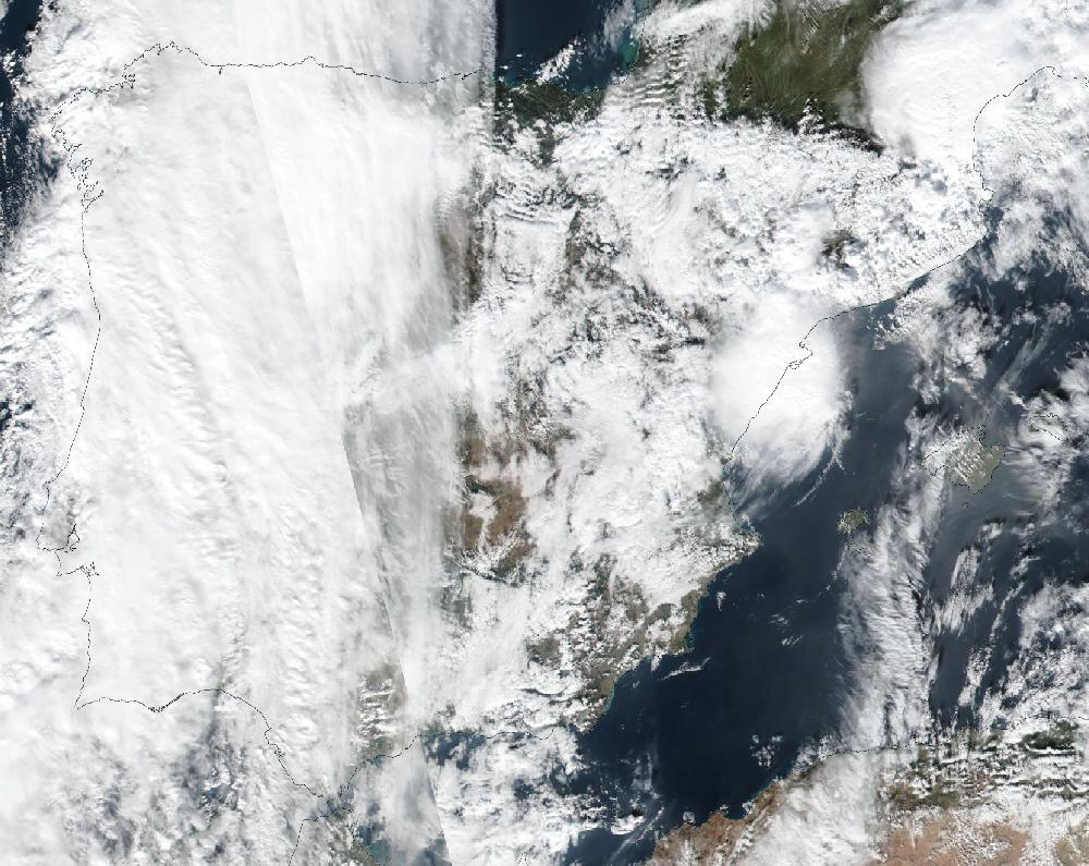 True-colour satellite image of the Iberian Peninsula and the Balearic Islands on 15 December 2025