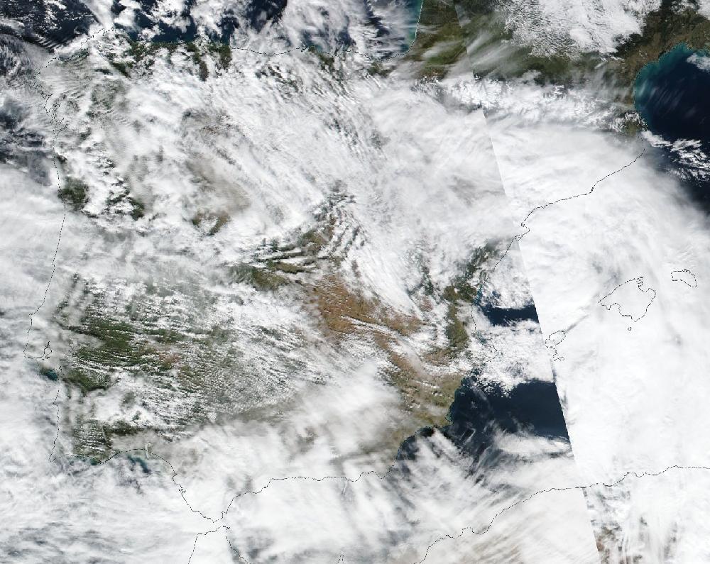 True-colour satellite image of the Iberian Peninsula and the Balearic Islands on 28 January 2026