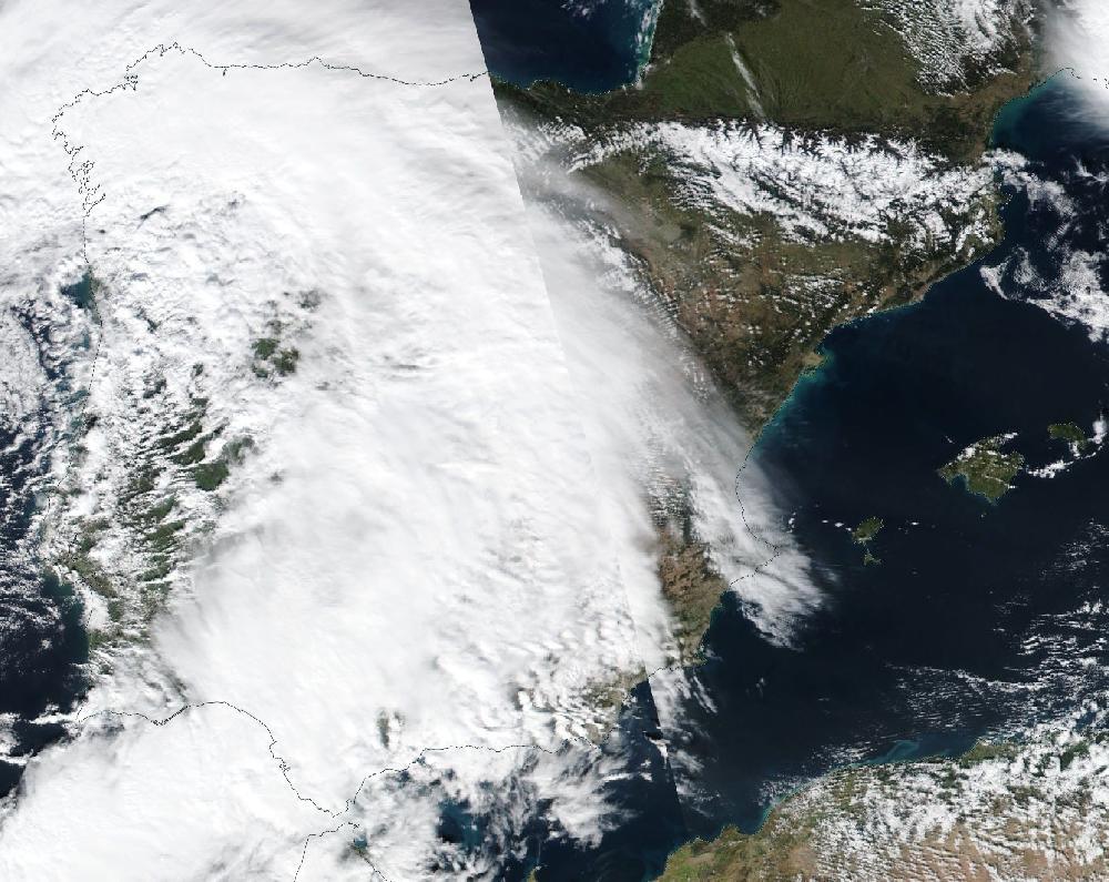 True-colour satellite image of the Iberian Peninsula and the Balearic Islands on 7 February 2026