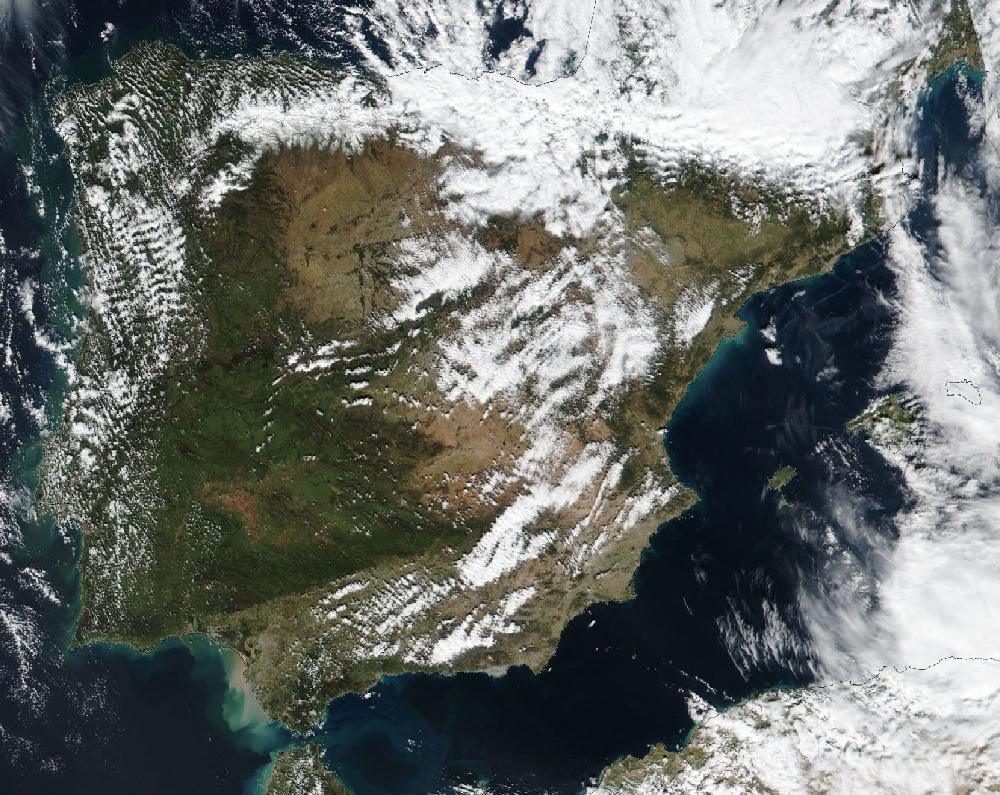 True-colour satellite image of the Iberian Peninsula and the Balearic Islands on 14 February 2026