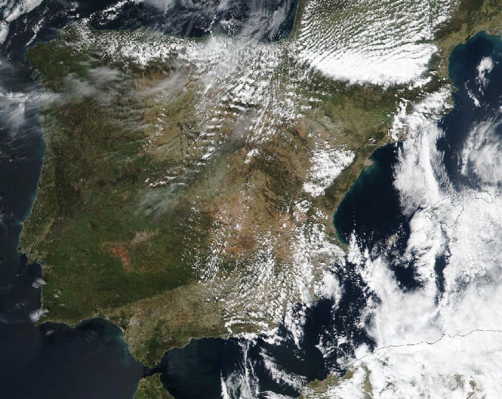 True-colour satellite image of the Iberian Peninsula and the Balearic Islands on 29 March 2026