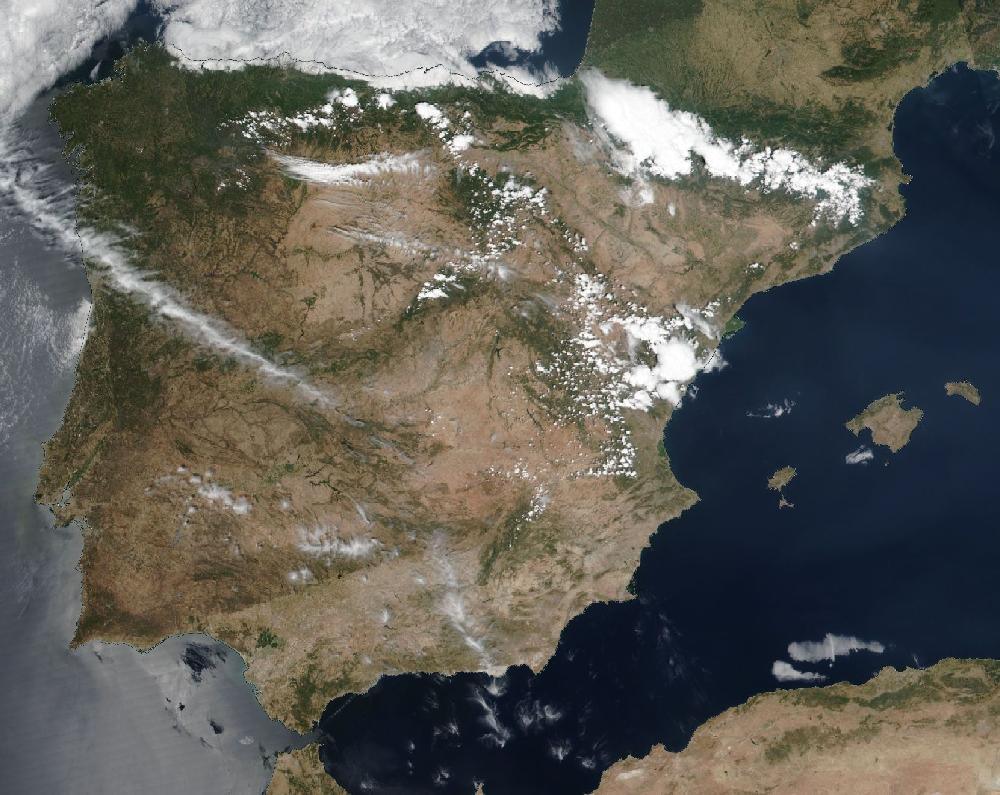 True-colour satellite image of the Iberian Peninsula and the Balearic Islands on 8 July 2026